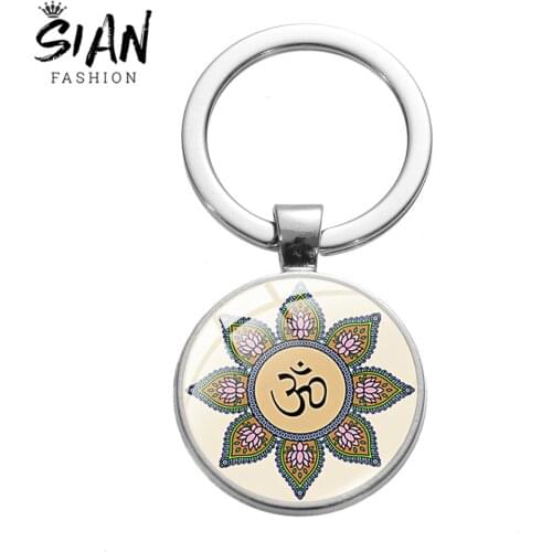 SIAN Vintage Mandala Buddhism Zen Symbol Keychain OM Yoga Glass Cabochon Purse Bag Key Chains Handmade Charm Meditation Jewelry
