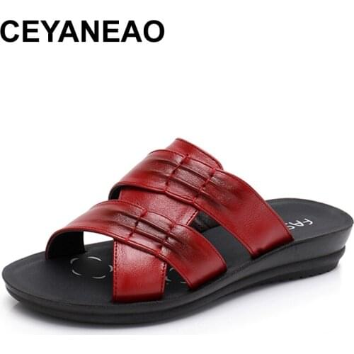 CEYANEAO WOMEN SLIPPERS GENGUINE LEATHER FLAT SANDALS WOMEN SHOES SLIPPERS ANTISKID COMFORTABLE MOTHER SLIPPERS