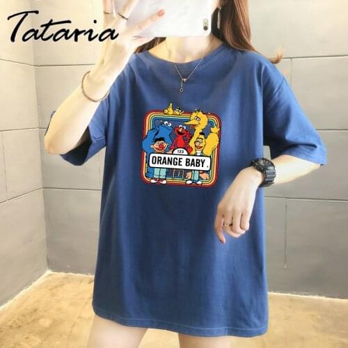 Cartoon Tees Women Summer White Causal T-shirt Fashion Print Short Sleeve Women Top Streetwear Pure Cotton Round-neck Top Female