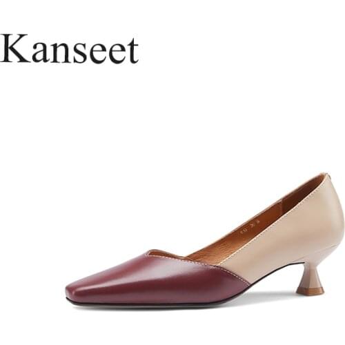 Kanseet 2021 New Women Pumps Spring Autumn Genuine Leather Fashion Handmade Square Toes Shallow Mouth Mixed Colors Mid Heels