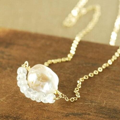 Blush Baroque Pearl Moonstone Necklace in 14k Gold Fill, Pearl and Moonstone Birthstone Necklace