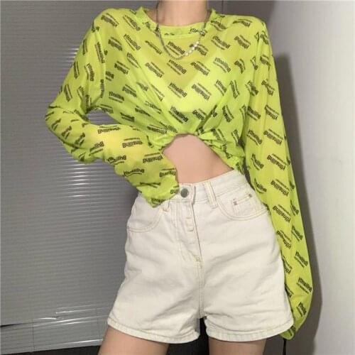Summer Womens Long Sleeve Tees Sunscreen Clothing Thin Letter Print Elastics Gauze Transparent Green Korean Fashion See Through