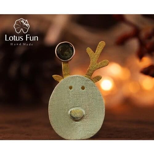 Lotus Fun Real 925 Sterling Silver Natural Tourmaline Handmade Fine Jewelry Christmas Joys Cute Reindeer Brooches Best Gift
