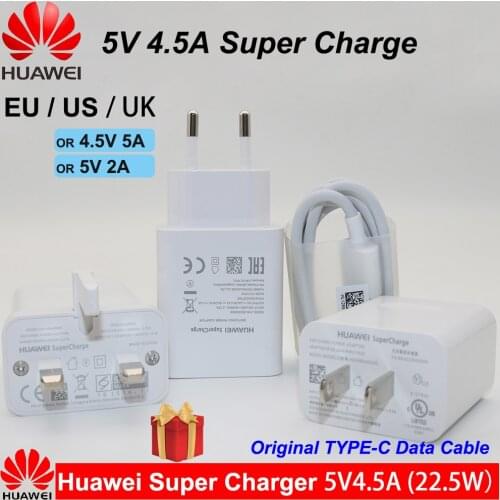 HUAWEI Original Fast Charger Mate 10 9 Mate 20 P20 Pro Super charge Quick Travel Wall Adapter 4.5V5A/5V4.5A Type-C 3.0 USB Cable