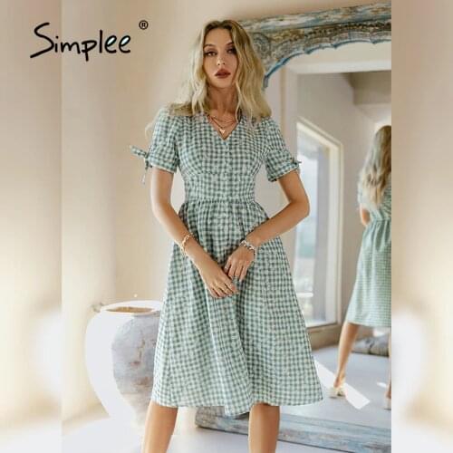 Simplee Casual Flower Print V-neck Women Dress Summer 2021 Short Sleeve A-line Beach Sundress Fashion Green Plaid Boho Dress New