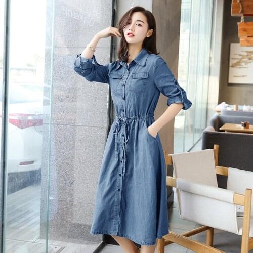 Women Causal Denim Shirt Dress Summer Slim shirt dress Long Sleeve Sexy Dress Casual Loose Jean Dresses Vestidos