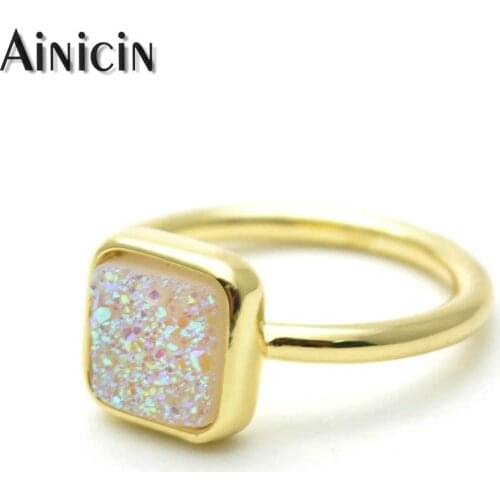 Rainbow Plating White Resin Druzy Crystal Square Surface Finger Ring Fashion Women Jewelry Birthday Gift Jewelry