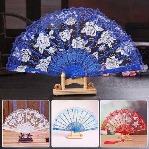 Rose Lace Fan Plastic Folding Handheld Room Decoration Durable Blocking Party Classic Gold Stamping Wedding Chinese Style Fan