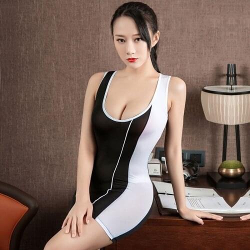 Sexy Black White Patchwork Tight Pencil Cute Dress Low Chest Transparent Micro Mini Dress Ice Silk U Neck Erotic Dress