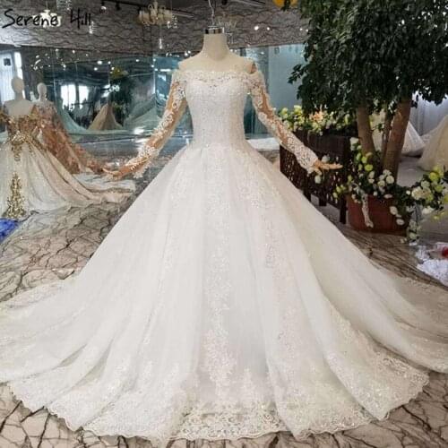 Serene Hill Bohemian Simple Beach Style Wedding Dress 2019 Off Shoulder Boat Neck Tulle Appliques Long Sleeves Bridal Gown