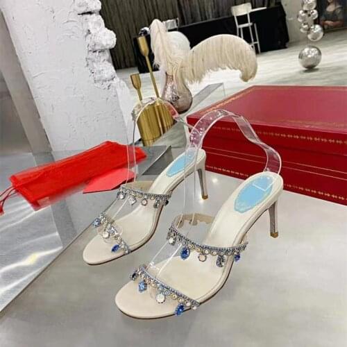 Diamond Decor Slides Women Slippers High Heels Shoes Ladies Crystal Mules Genuine Leather Shoes Summer New Luxury Brand Designer