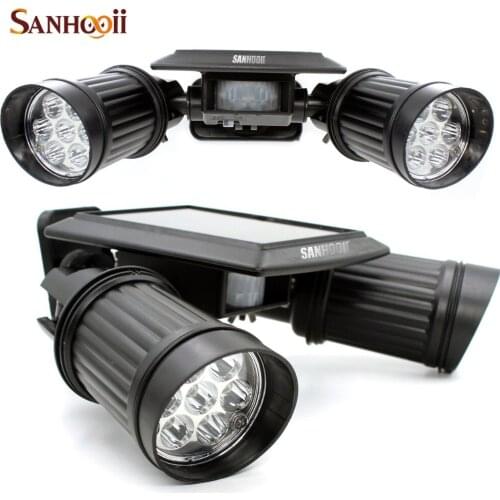 SANHOOII Outdoor Rotatable Solar Power Dual Head Spot Light PIR Motion Sensor Garden Yard Wall Security Lamp 14 LED Spotlight