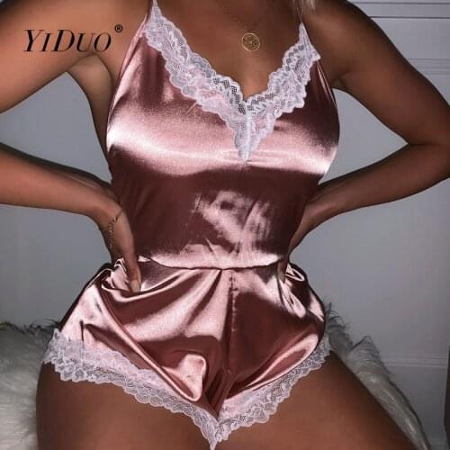 YiDuo Deep V-Neck Patchwork Lace Sexy Pink Lingerie Silk Satin Nightwear Women Sashes Backless Playsuit Straps One Piece Pajamas