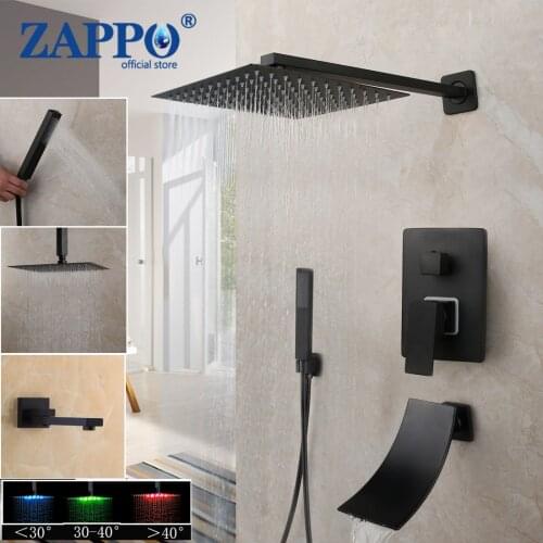 ZAPPO Matte Black Bathroom Rainfall Shower Faucet Kits Bathtub Rain Square Shower Head Waterfall Swivel Spray Shower Faucets Set