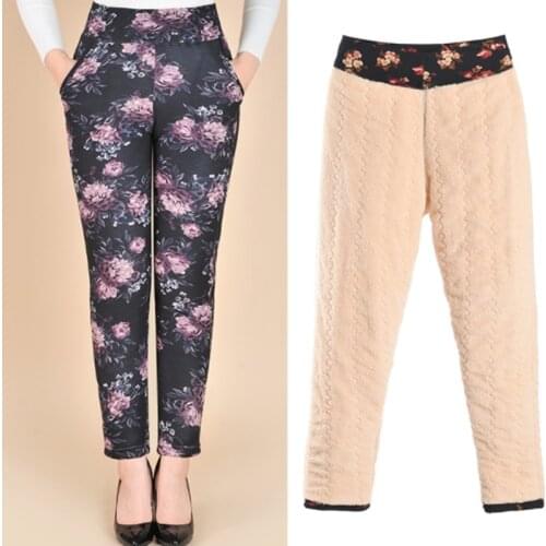 Women Winter Warm Fleece Pants Velvet Thick 2021 High Waist Plus Velvet Pants Printting Flowers Fashion Mother Pencil Pants 4 XL