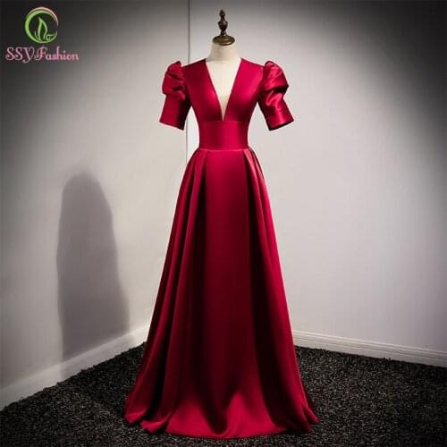 SSYFashion New Banquet Elegant Wine Red Satin Evening Dress for Women V-neck A-line Long Party Formal Gowns Vestidos De Fiesta