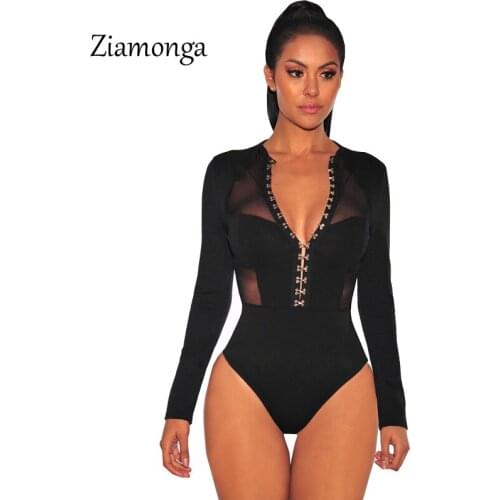 Ziamonga Transparent Sexy Bodysuit 2019 Black Sheer Mesh Long Sleeve Bodysuit Women Tops Bodycon Jumpsuit Romper Short Overalls