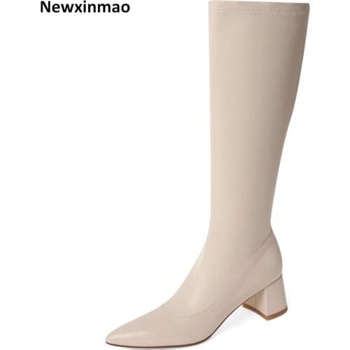 2021 New Elegant Genuine Leather Women Boots Side Zipper Pointed Toe High Heels Women Pumps Autumn Winter Party Knee High Boots