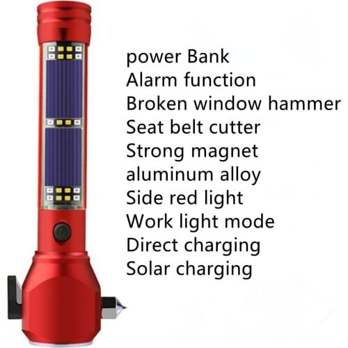 Car fire safety hammer magnet adsorption alarm glare flashlight solar energy LED lighting seat belt cutter mobile phone charging