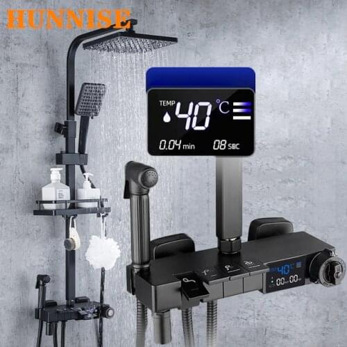Hot Cold Paino Shower System Bathroom LED Digital Shower Set Smart Thermostatic Bath Faucet Square Head SPA Rainfall Shower