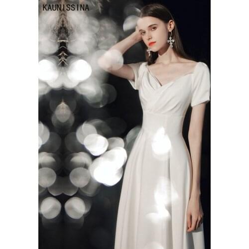 KAUNISSINA White Evening Dress New Fashion Party Wear Dresses for Women V-Neck Short Sleeve Floor Length A-Line Formal Prom Gown