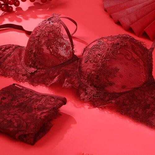 Red Floral Lace Bra And Panty Sets For Women Sexy Lingerie Plus Size C D Cup Ultra Thin Transparent Push Up Female Underwear Set
