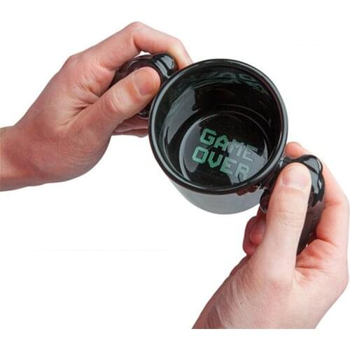 Retro Game Over Controller Mugs,Black Ceramic Gamepad Coffee Milk Mug Gaming Style Office Coffee Mug cup Birthday Gift
