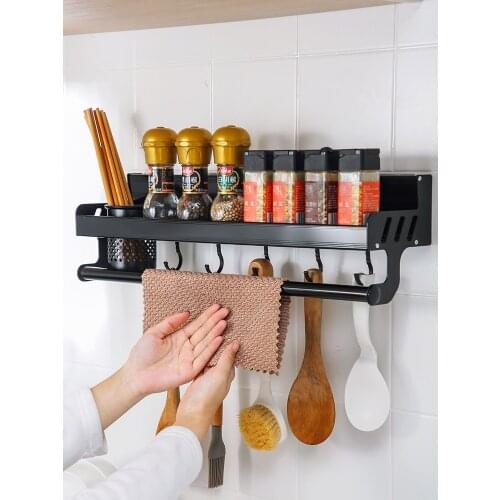 Kitchen Storage Rack Space Aluminum Seasoning Jars Shelf Organizer Knife Chopstick Holder Cloth Drying Rack Kitchen Wall Shelf