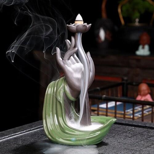 Backflow Lotus Bergamot Waterfall Incense Burner Ceramic Aromatherapy Burner Sandalwood Cones Incense Holder Base Home Decor