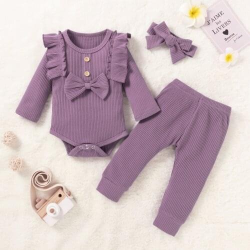 Fashion Newborn Infant Baby Girls Clothes Long Sleeve Solid Colors Ruffles Knitted Romper Tops+Pants Headbands Outfits Sets#p4