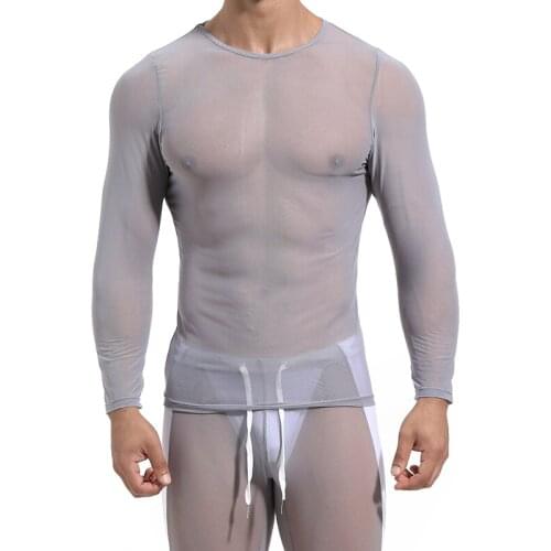 Mens Mesh See-through Fishnet Shirt Sexy Long Sleeve Nightclub Wear Undershirt Men Party Perform Streetwear Tops Fitness Riding