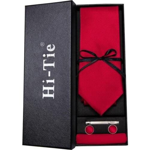 Hi-Tie Mens Tie Set 100% Silk Red Soild 8.5cm Wedding Gift Box Hanky Cufflinks Set Ties For Men New Design Quality Necktie