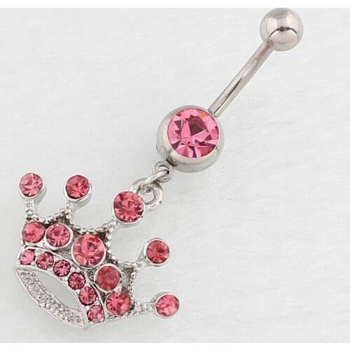 New Fashion Sexy Pink Rhinestone Crown Navel Belly Button Barbell Ring for Women Body Piecing Jewelry Gifts