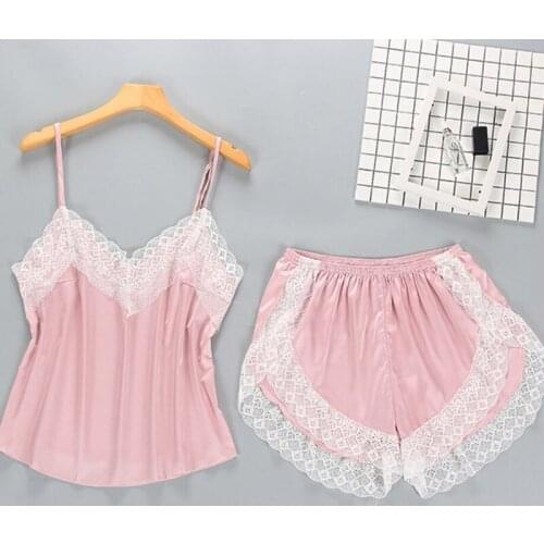 Sexy Satin Pajama Set WomenS Sleepwear White Lace V-Neck Pyjamas Sleeveless Cute Cami Top And Shorts