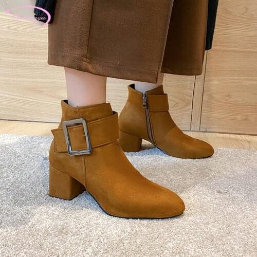 Casual style comfortable round toe flock ankle boots buckle zipper yellow black high heel thick riding boots womens shoes
