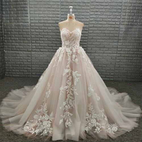 Real Picture Tulle Wedding Dress Garden Sleeveless Sweetheart A-Line Applique Pearls Bridal Gowns