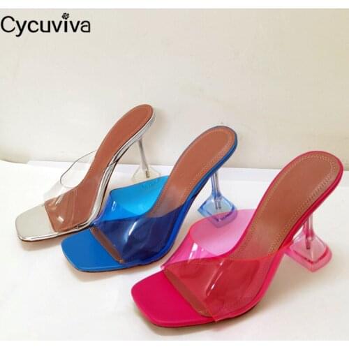 Sexy High Heel Slippers Women Transparent PVC Elegant Goblet Heel Party Summer Shoes Woman Open Square Toe Mules Slippers