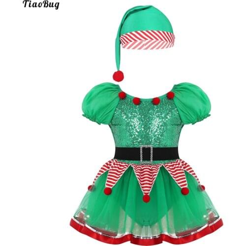 TiaoBug Kids Girls Christmas Fairy Spirit Stage Performance Costume Dancewear Sequined Striped Peplum Mesh Tutu Dress With Hat