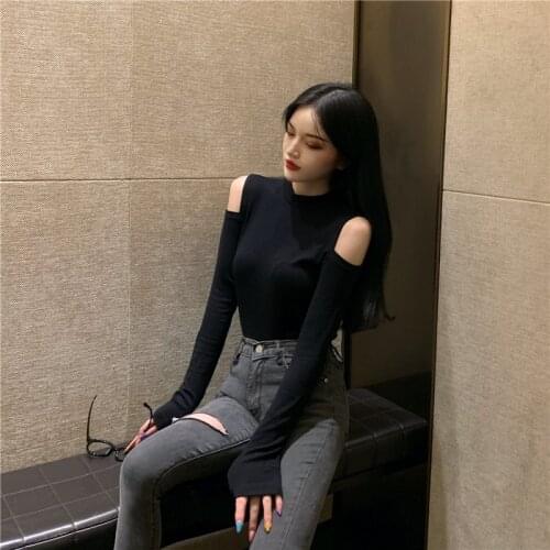 Sexy Off Shoulder Tops Womens Spring Autumn Long Sleeve T-shirt Korean Elegant Laides Slim Fit Coffee Green Gray Black White Top