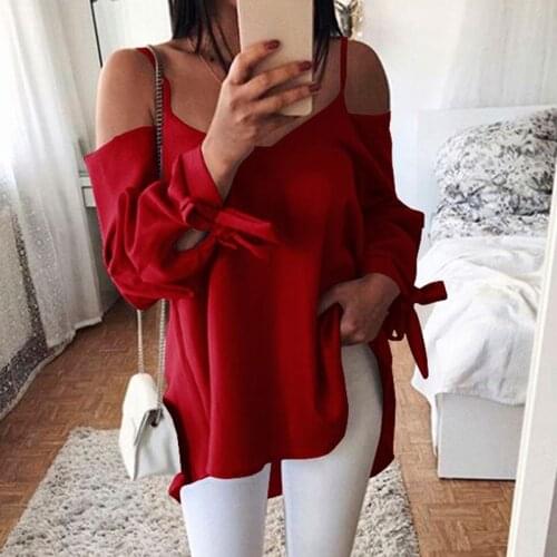 2021 Summer Women Long-Sleeved Shirts Sexy Sling Off Shoulder V-Neck Bow Tie Sleeve Women Tops Casual Solid Roupa Feminina