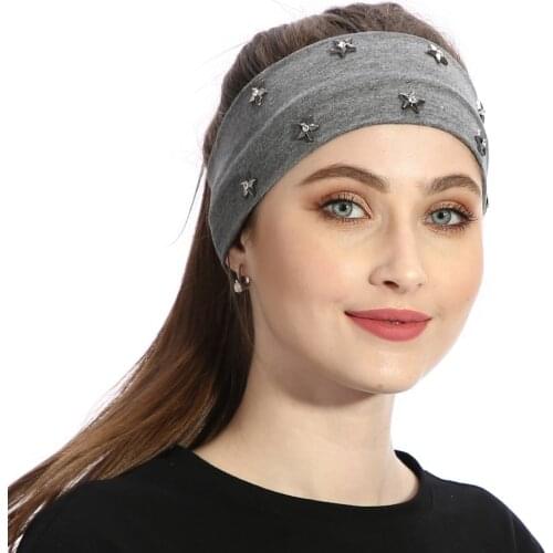 Women Fashion Headband Star Rhinestones Hair Accessories Handmade Headbands For Girls Female Turban Wraps Solid Cotton Hairband