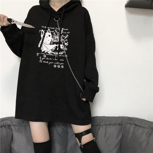 Womens Hooded Sweatshirts Plus Velvet Thickening Long-sleeved Loose Korean Fashion Y2k Tops Chain Harajuku Gothic Kawaii Grunge