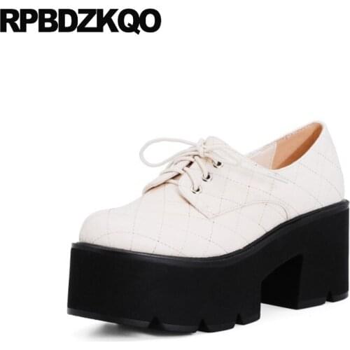 Plus Size Gothic Ladies Beige Harajuku Thick 10 42 Round Toe Lace Up Oxford Heels Platform Plaid High 3 Inch 11 43 Shoes Pumps