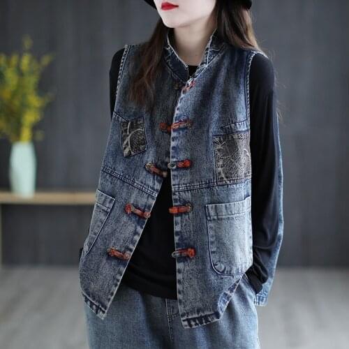 Chinese Style Clothing Women Clothes 2021 Vintage Denim Vest Coats Women Casual Sleeveless Female Oversized Waistcoats FF3174