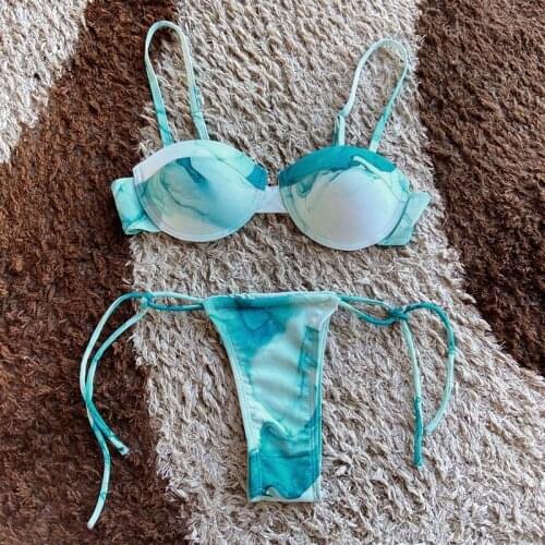 Womens Sexy Swimsuit Thin Strap Tie-Dye Bikini Suit Steel Ring Swimsuit