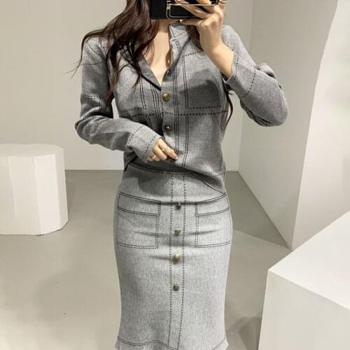 2021 New Autumn Knitted Two Piece Set Women Fashion O-Neck Long Sleeve Sweater Cardigan + High Waist Bodycon Skirts Suit