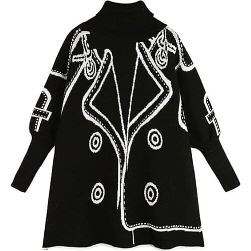 Pattern Knitted Sweater Women Autumn Winter Clothes High Collar Pullover Korean Oversized Batwing Sleeve Loose Casual Sweater