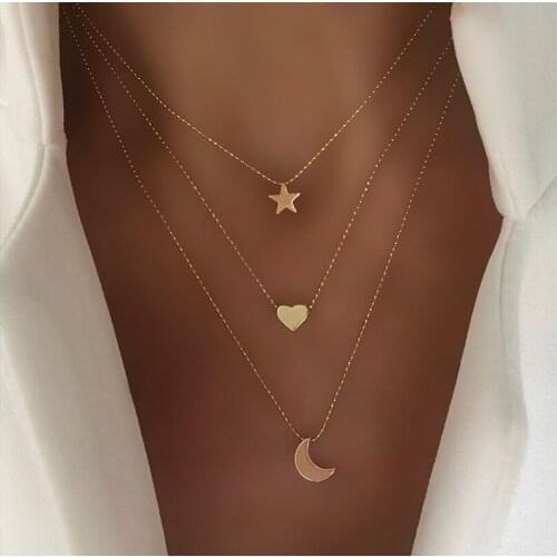 3 Pac Europe America Cross Border New Gold Pendant Choker Creative Retro Simple Star Moon Love Pendant Necklace