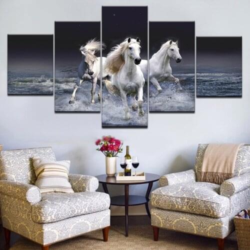 5Panel HD Printed three horse running on the river wall posters Print On Canvas Art Painting For home living room decoration