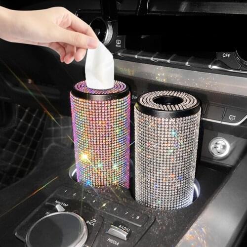 Rhinestone Crystal Tassels Car Tissue Holder Round Diamond Auto Tissue Paper Box For Car